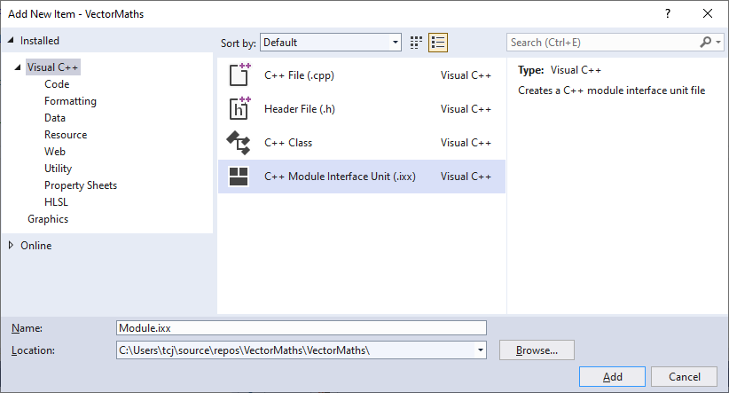 Adding a new item in Visual Studio